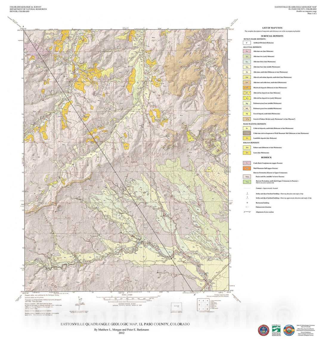 Map : Eastonville Quadrangle Geologic Map, El Paso and Elbert Counties, Colorado, 2012 Cartography Wall Art :