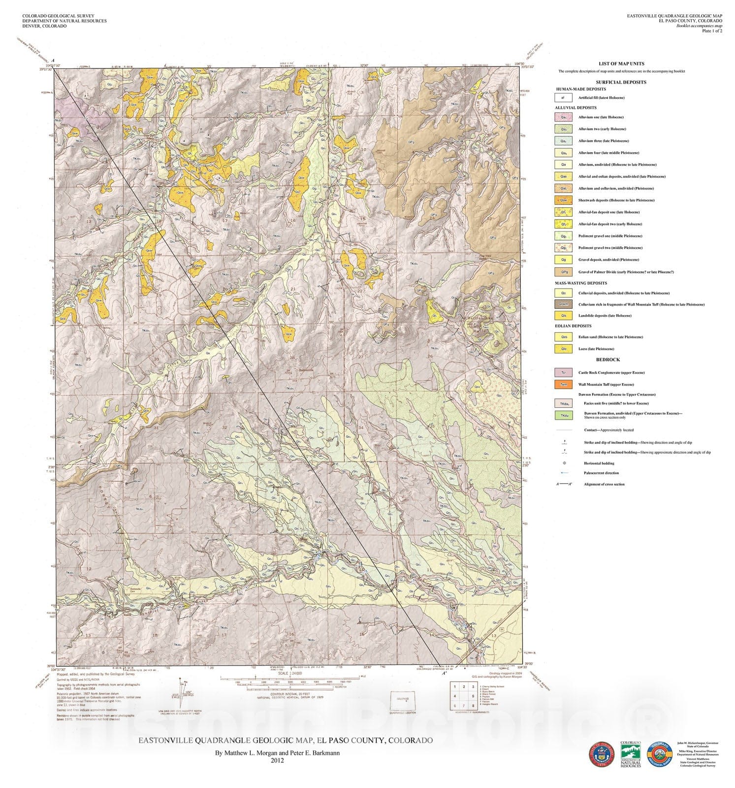 Map : Eastonville Quadrangle Geologic Map, El Paso and Elbert Counties, Colorado, 2012 Cartography Wall Art :