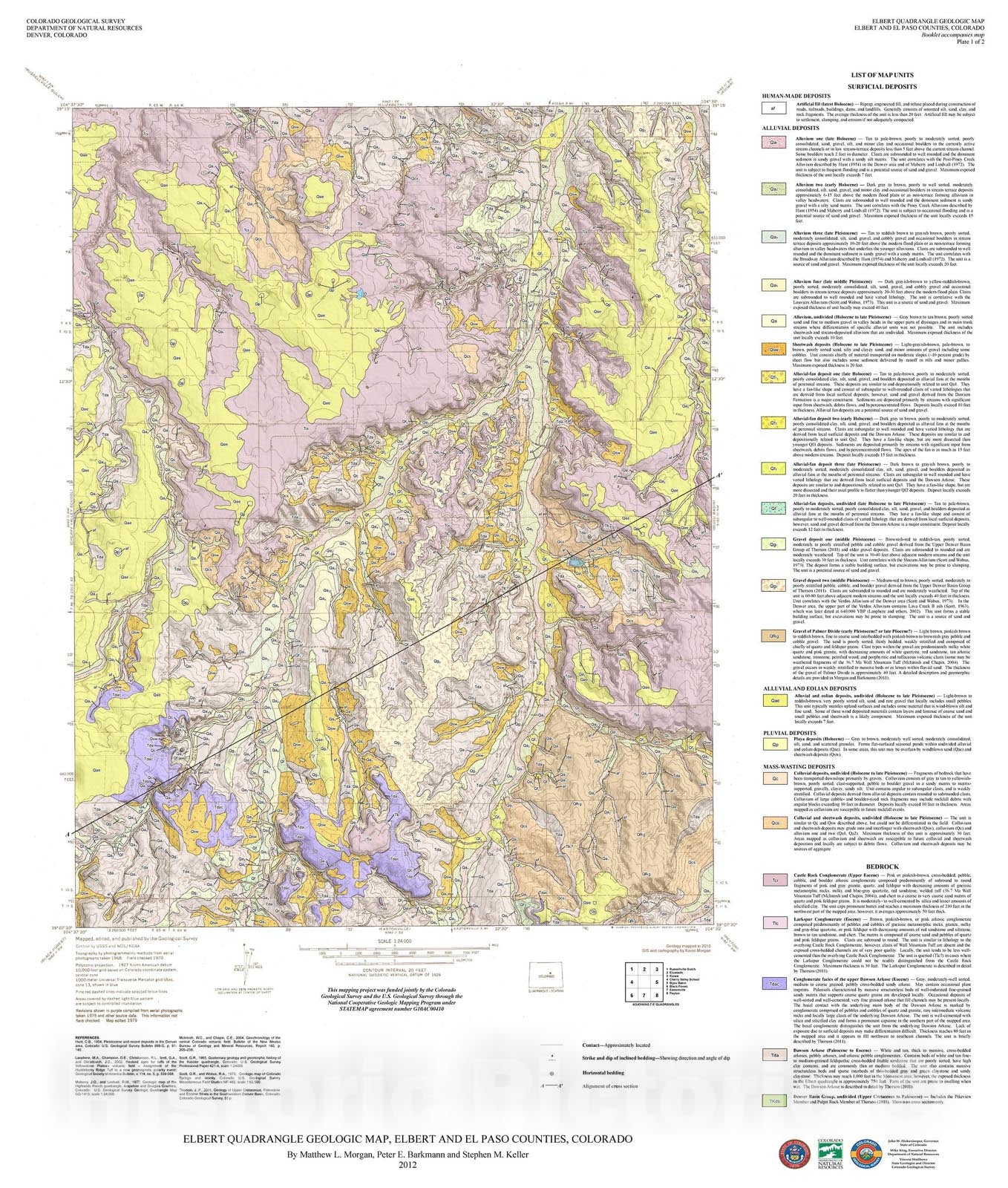 Map : Elbert Quadrangle Geologic Map, Elbert and El Paso Counties, Colorado, 2012 Cartography Wall Art :