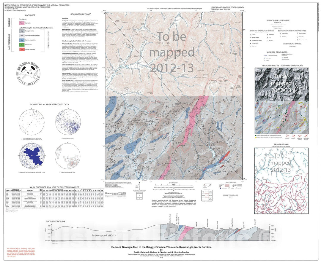 Map : Bedrock geologic map of the Craggy Pinnacle 7.5-minute Quadrangle, North Carolina , 2012 Cartography Wall Art :