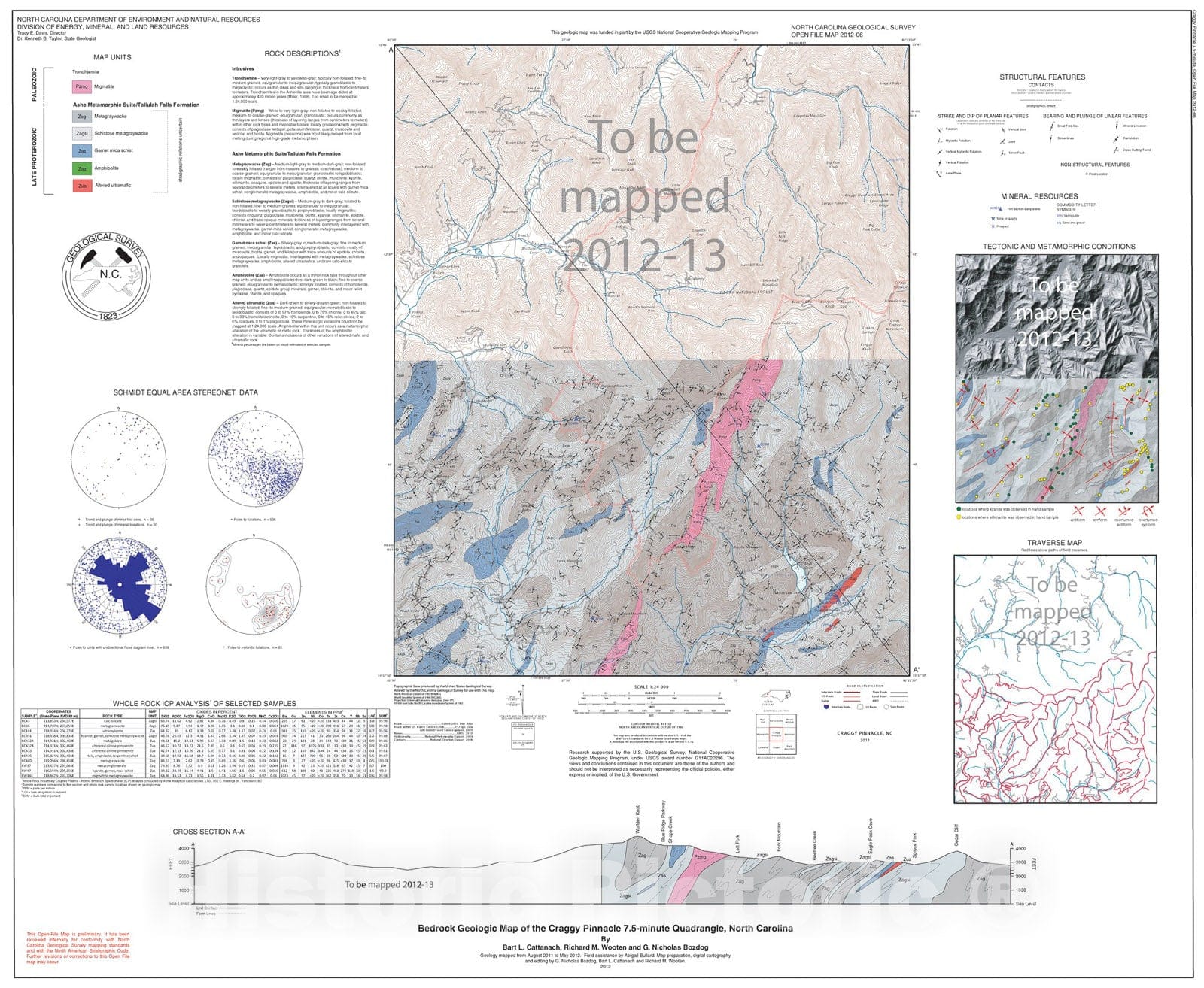 Map : Bedrock geologic map of the Craggy Pinnacle 7.5-minute Quadrangle, North Carolina , 2012 Cartography Wall Art :