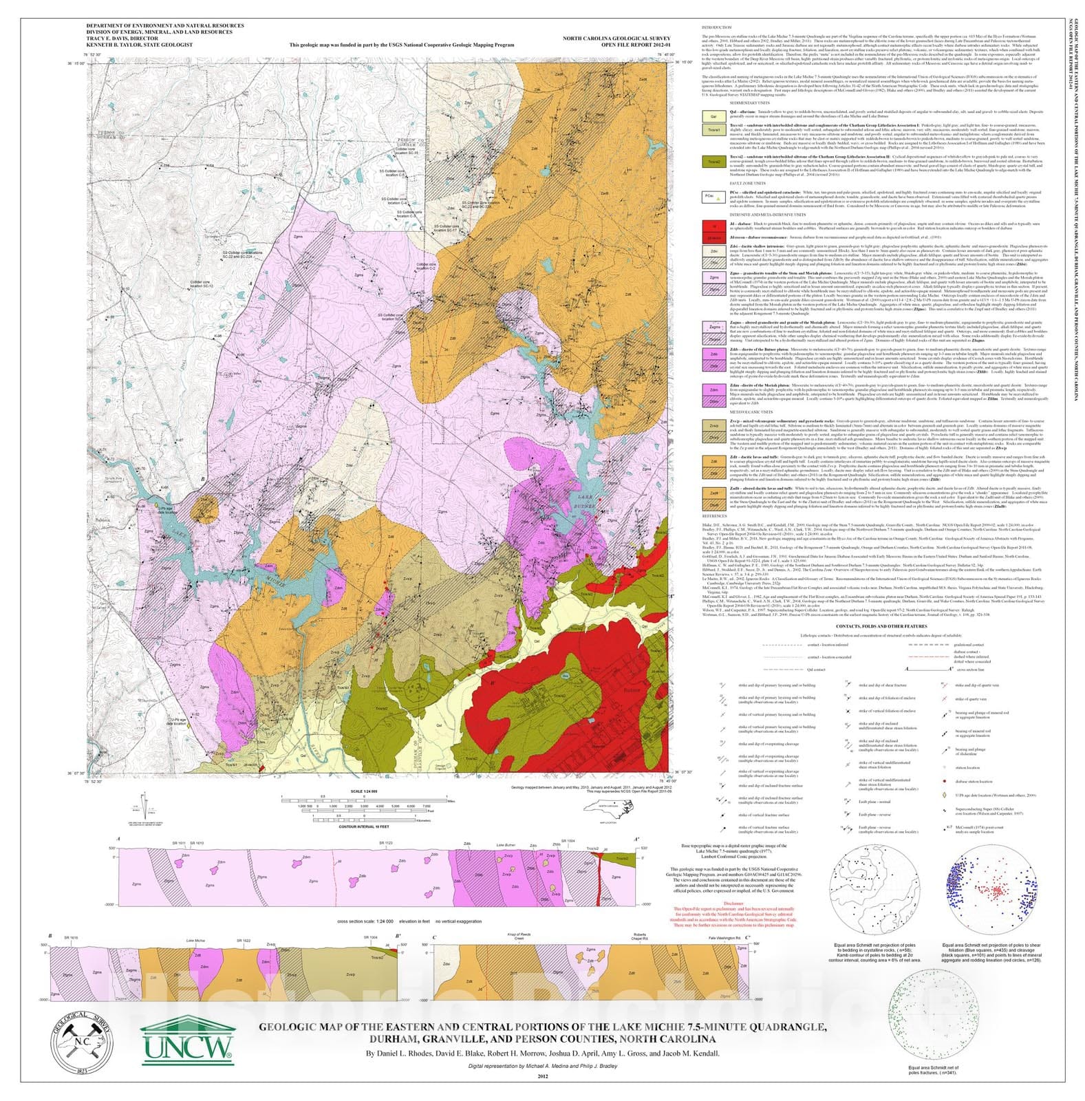 Map : Geologic map of the eastern and central portions of the Lake Michie 7.5-minute Quadrangle, Durham, Granville and Person Counties, North Carolina, 2012 Cartography Wall Art :