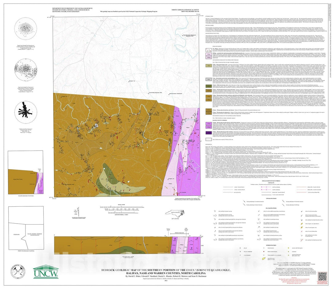 Map : Bedrock geologic map of the southern portion of the Essex 7.5-minute Quadrangle, Halifax, Nash and Warren Counties, North Carolina, 2013 Cartography Wall Art :