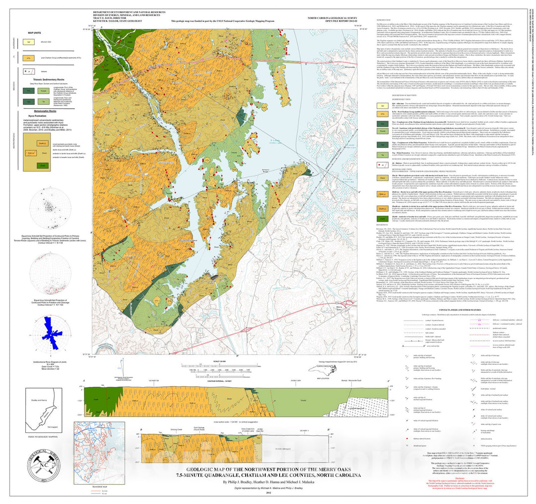 Map : Geologic map of the northwest portion of the Merry Oaks 7.5-minute Quadrangle, Chatham and Lee Counties, North Carolina, 2012 Cartography Wall Art :