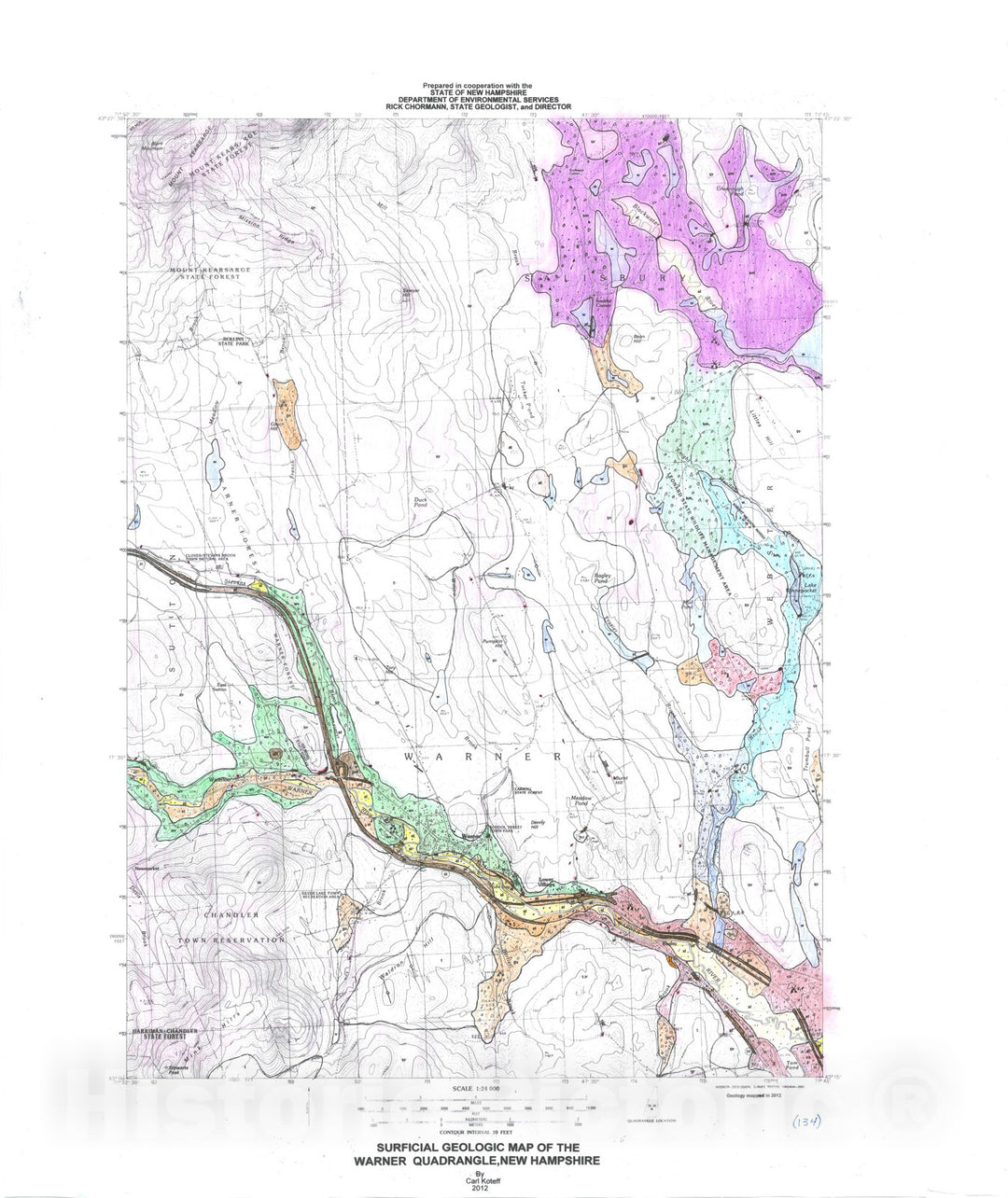 Map : Surficial Geologic map of the Warner Quadrangle, New Hampshire, 2012 Cartography Wall Art :