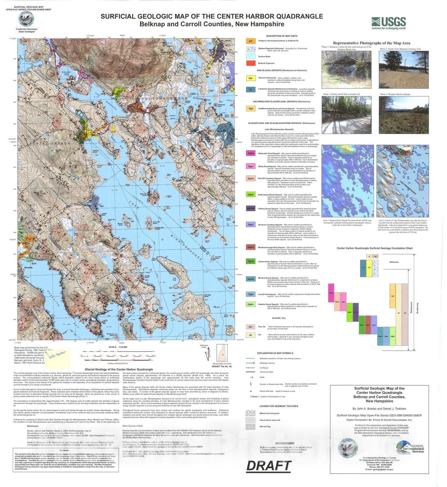 Map : Surficial Geologic Map of the Center Harbor Quadrangle, Belknap and Carroll Counties, New Hampshire, 2012 Cartography Wall Art :