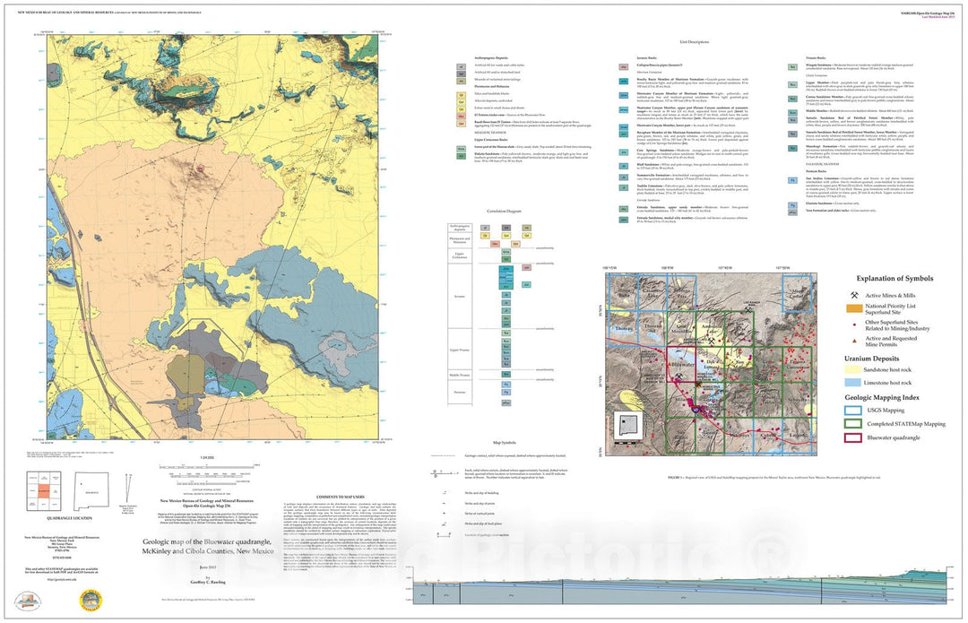 Map : Geologic map of the Bluewater 7.5-minute quadrangle, Cibola and McKinley counties, New Mexico, 2013 Cartography Wall Art :