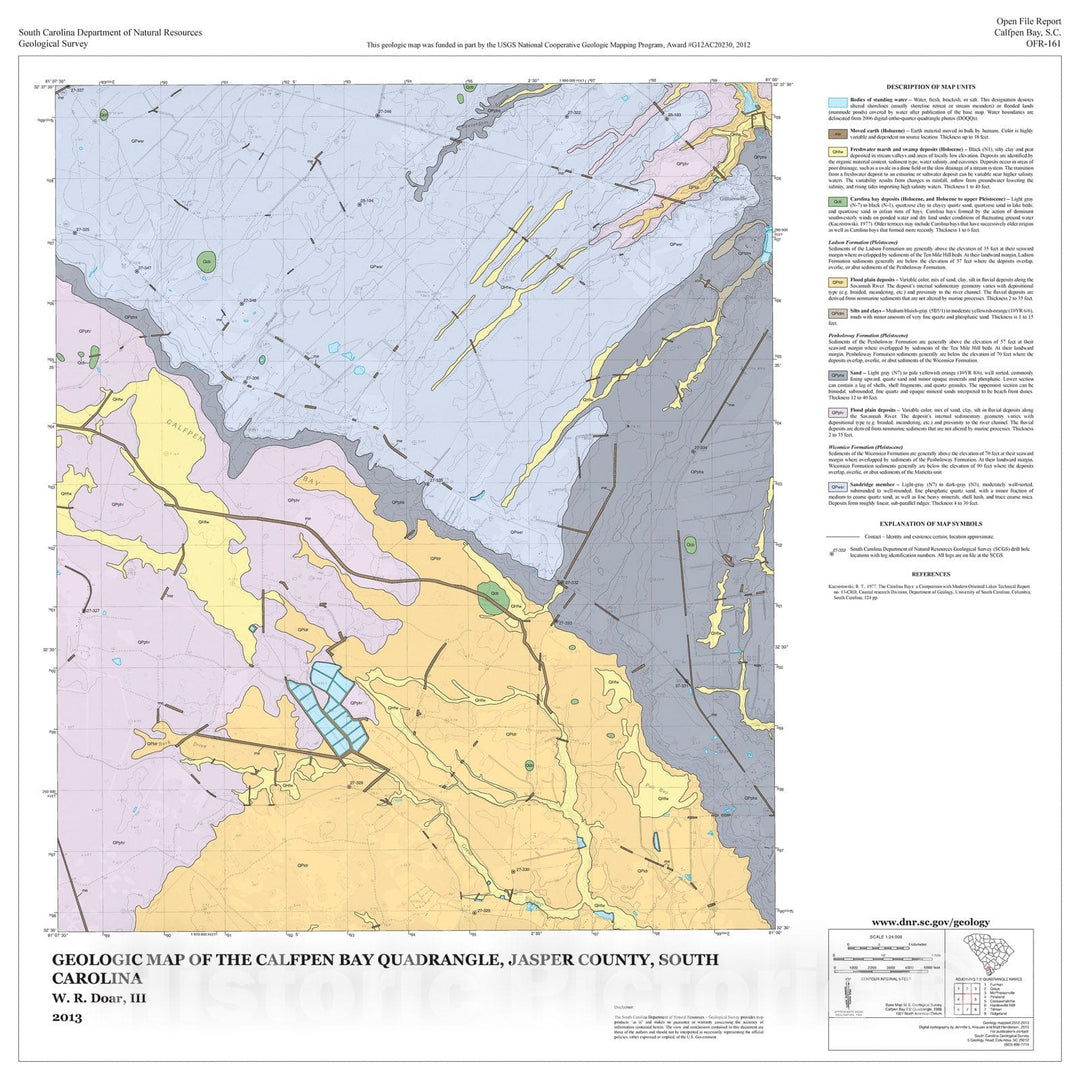 Map : Geologic Map of the Calfpen Bay Quadrangle, Jasper County, South Carolina, 2013 Cartography Wall Art :