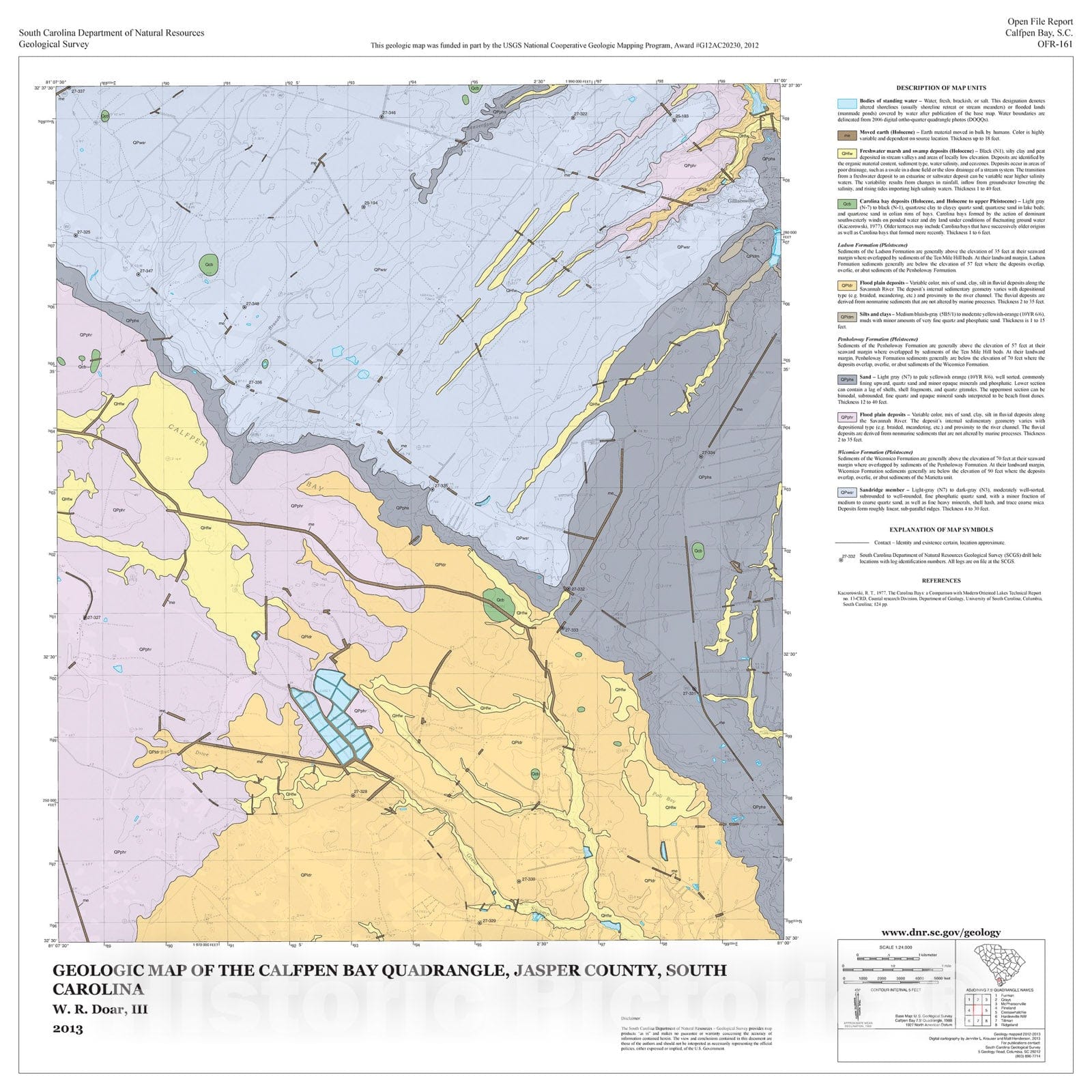 Map : Geologic Map of the Calfpen Bay Quadrangle, Jasper County, South Carolina, 2013 Cartography Wall Art :