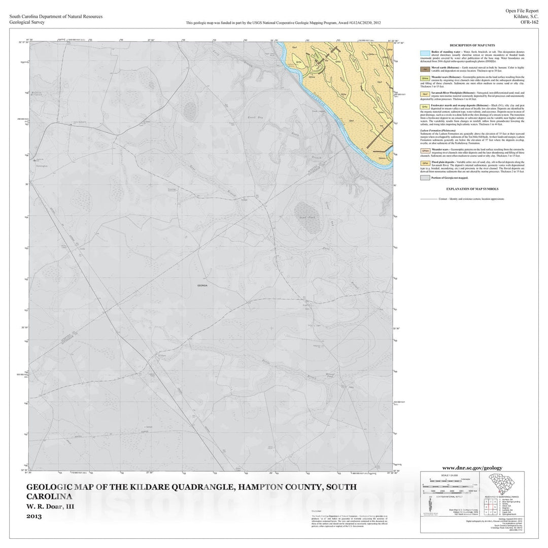 Map : Geologic Map of the Kildare Quadrangle, Hampton County, South Carolina, 2013 Cartography Wall Art :