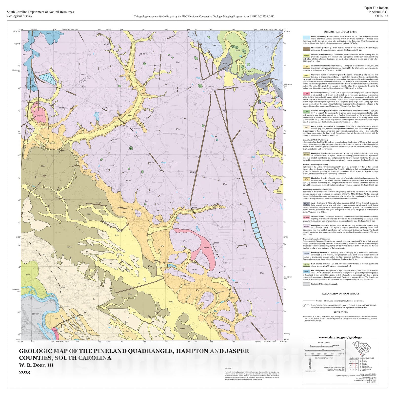 Map : Geologic Map of the Pineland Quadrangle, Hampton and Jasper Counties, South Carolina, 2013 Cartography Wall Art :