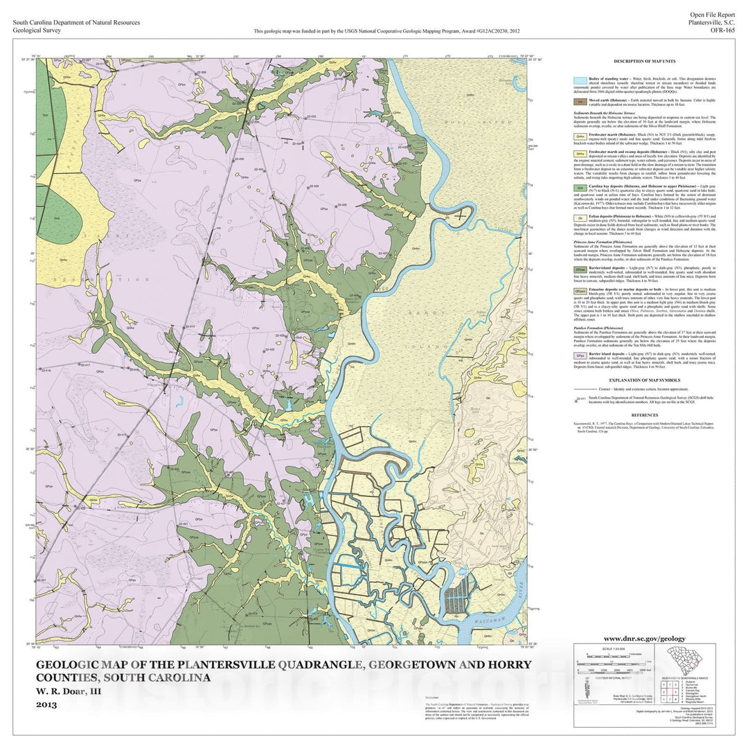 Map : Geologic Map of the Plantersville Quadrangle, Georgetown and Horry Counties, South Carolina, 2013 Cartography Wall Art :