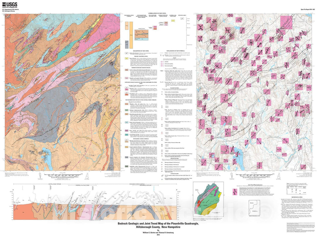 Map : Bedrock geologic and joint trend map of the Pinardville quadrangle, Hillsborough County, New Hampshire, 2013 Cartography Wall Art :