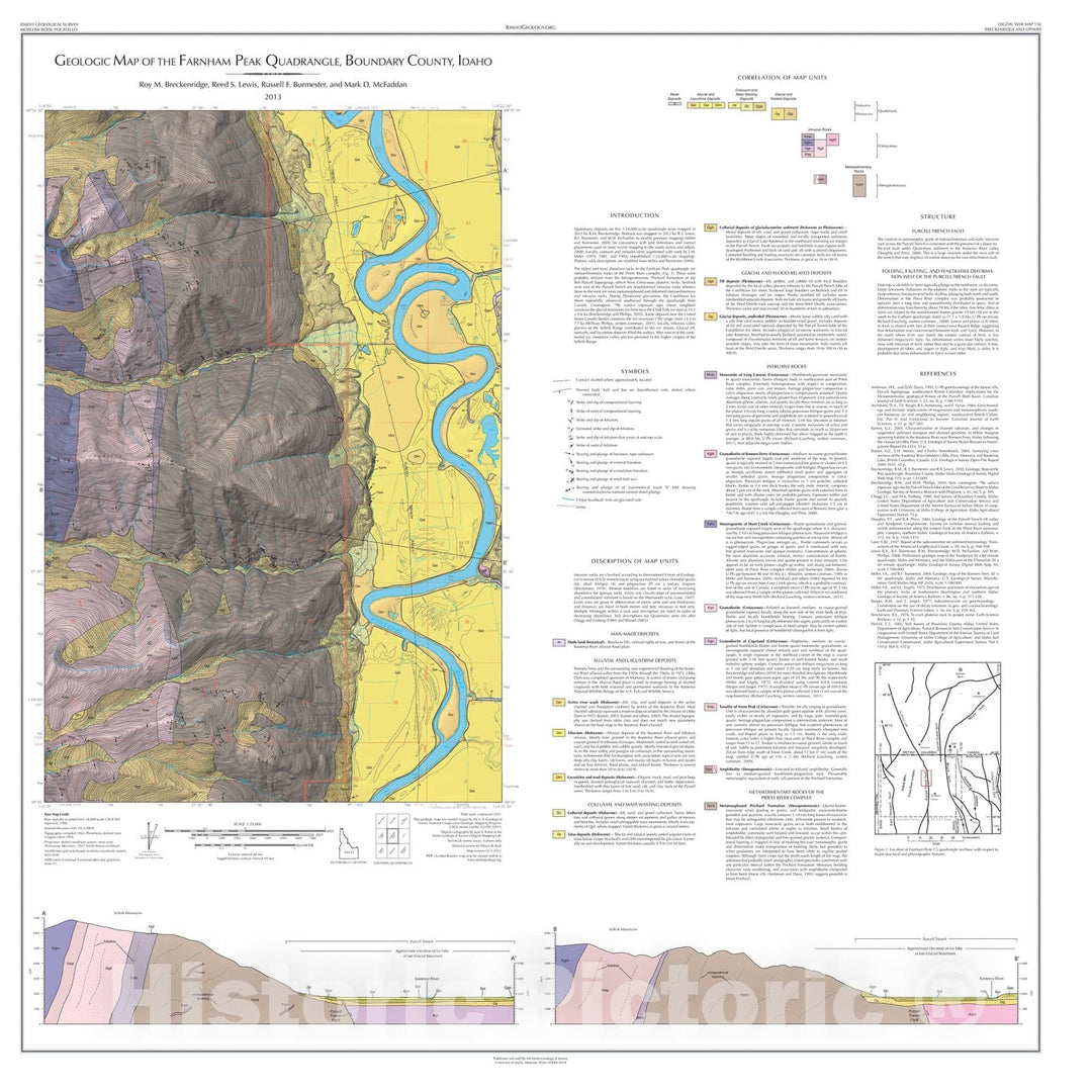 Map : Geologic Map of the Farnham Peak Quadrangle, Boundary County, Idaho, 2013 Cartography Wall Art :