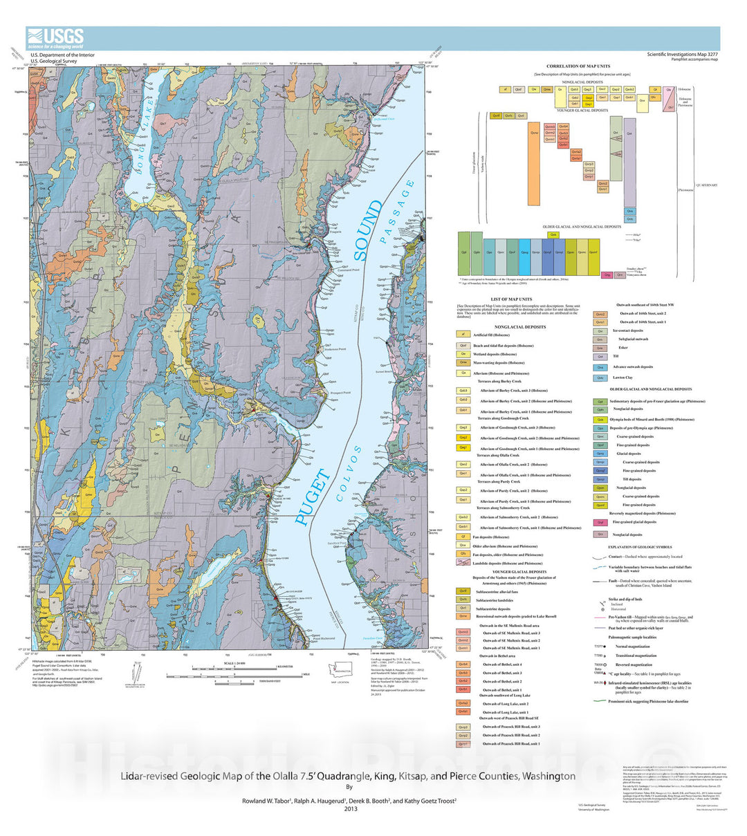 Map : Lidar-revised geologic map of the Olalla 7.5' quadrangle, King, Kitsap, and Pierce Counties, Washington, 2014 Cartography Wall Art :