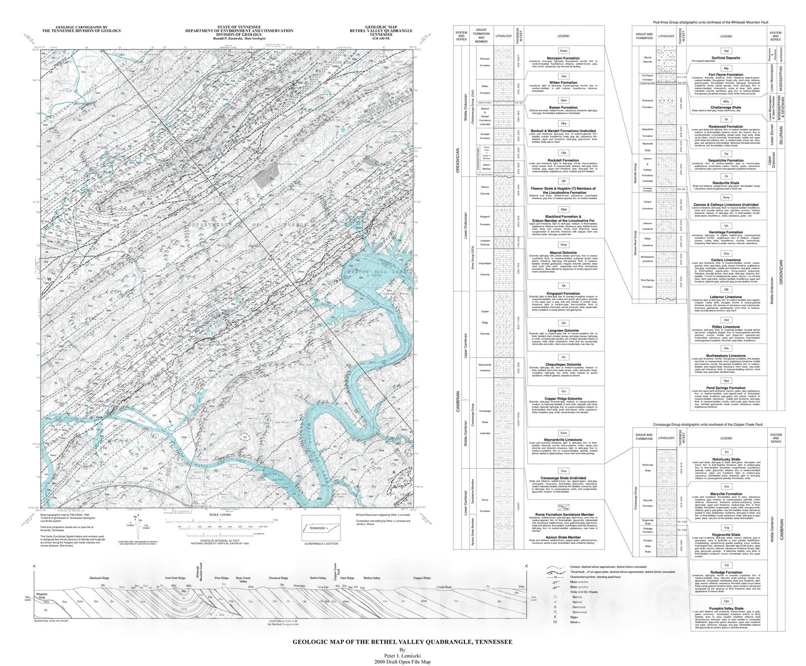 Map : Geologic map of the Bethel Valley quadrangle, Tennessee, 2000 Cartography Wall Art :