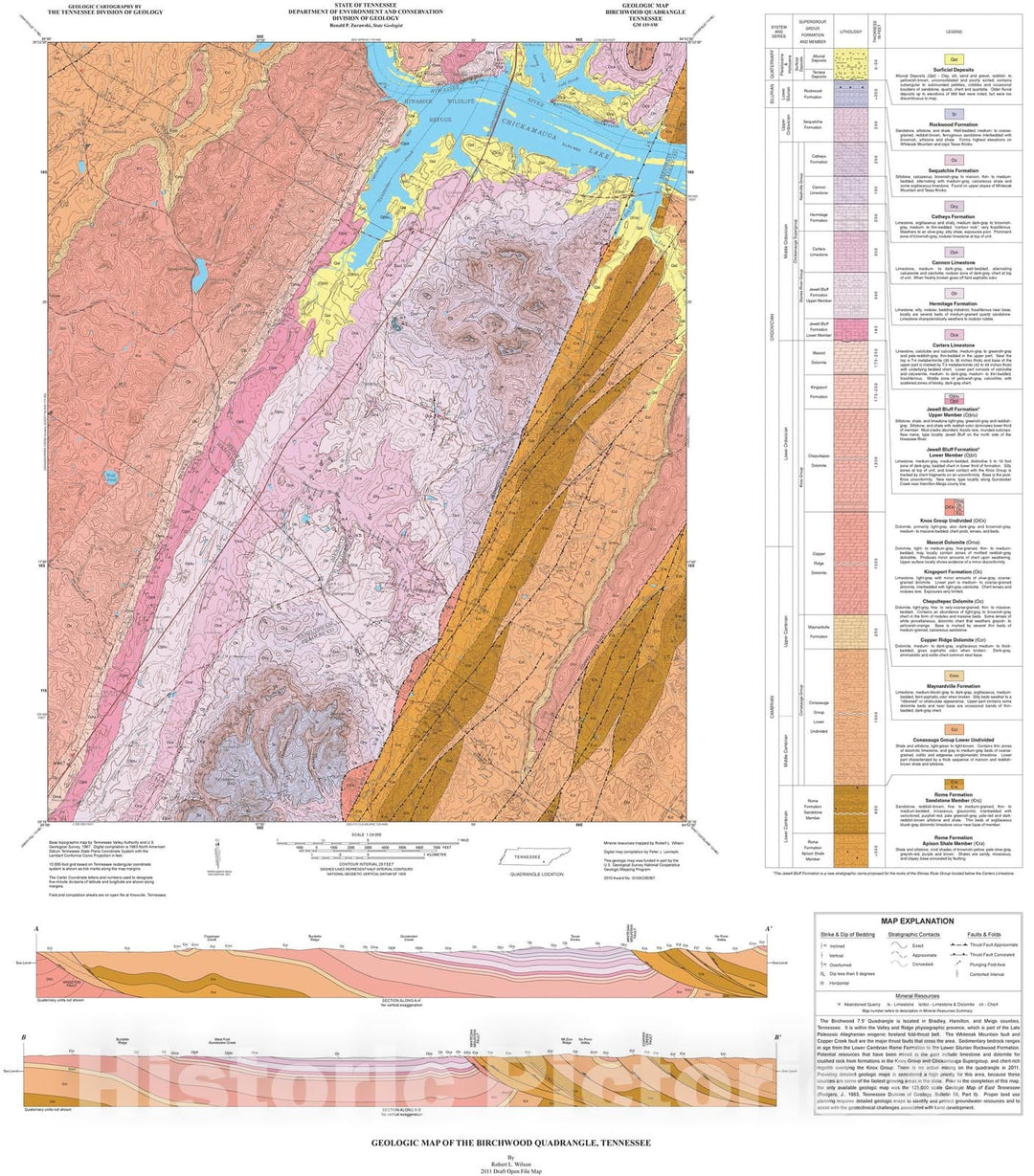 Map : Geologic map of the Birchwood quadrangle, Tennessee , 2011 Cartography Wall Art :