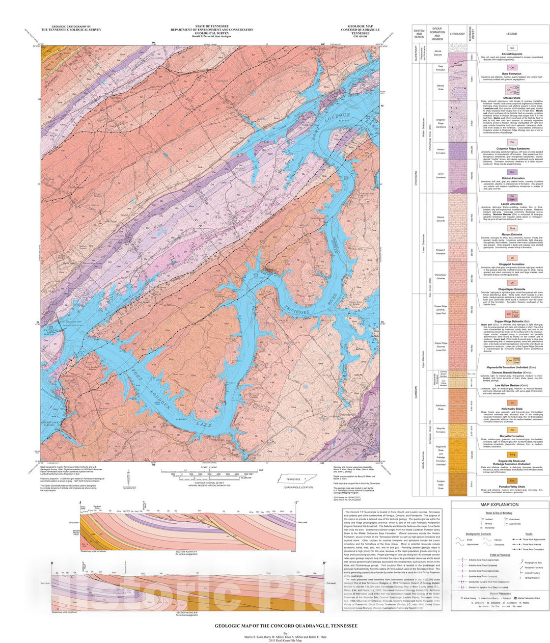 Map : Geologic map of the Concord quadrangle, Tennessee, 2013 Cartography Wall Art :