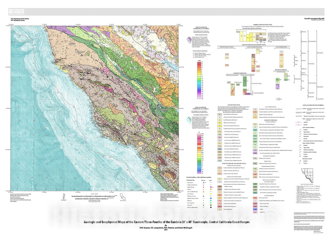 Map : Geologic and geophysical maps of the eastern three-fourths of the Cambria 30' x 60' quadrangle, central California Coast Ranges, 2014 Cartography Wall Art :