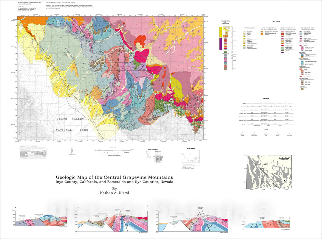 Map : Geologic map of the central Grapevine Mountains, Inyo County, California, and Esmeralda and Nye Counties, Nevada, 2012 Cartography Wall Art :