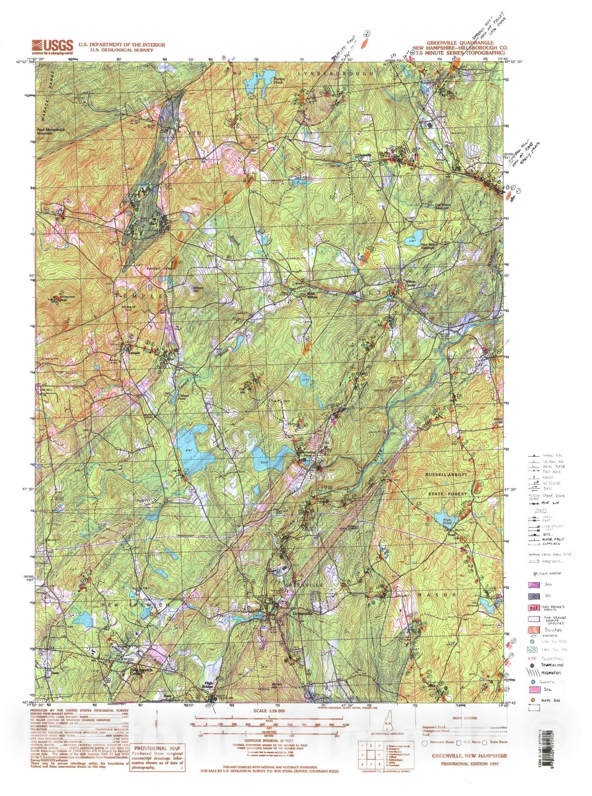 Map : Bedrock Geologic map of the Greenville 7.5 Minute Quadrangle, Hillsborough County, New Hampshire, 2010 Cartography Wall Art :