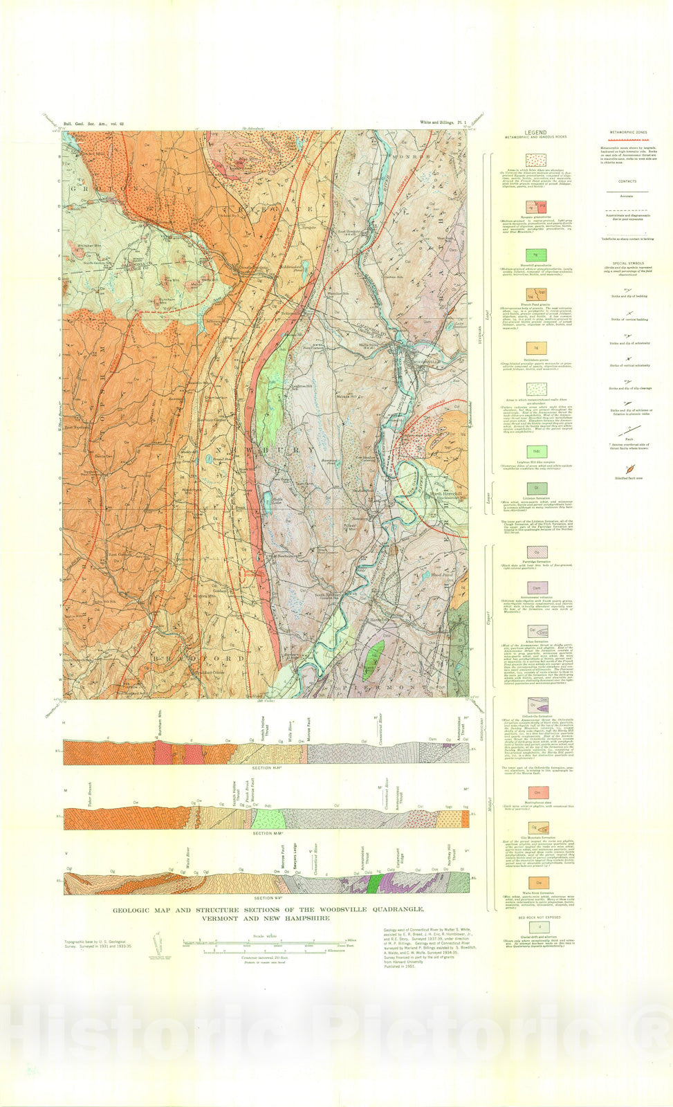 Map : Geologic map and structure sections of the Woodsville quadrangle, Vermont and New Hampshire, 1951 Cartography Wall Art :