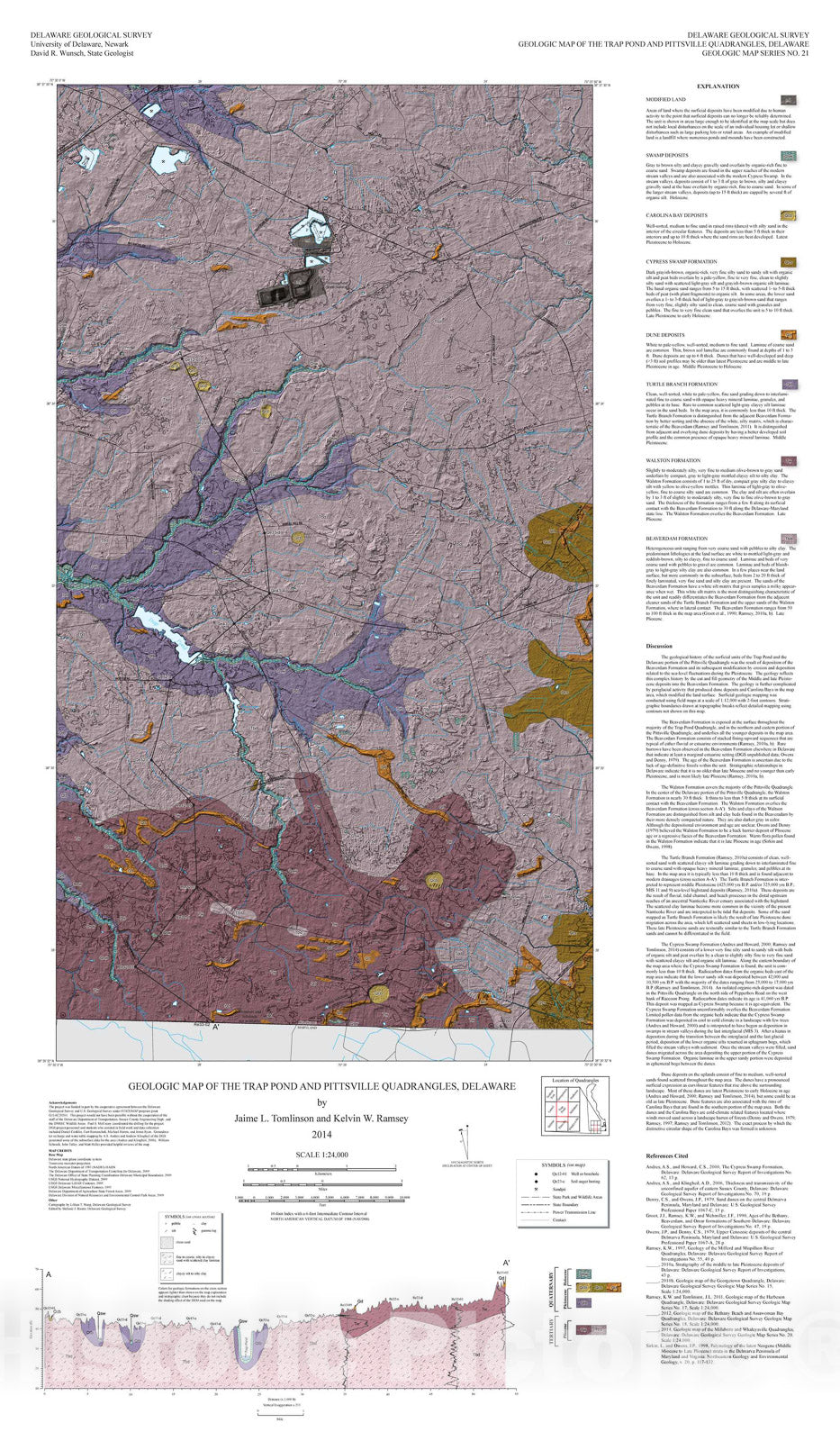 Map : Geologic map of the Trap Pond and Pittsville quadrangles, Delaware, 2014 Cartography Wall Art :