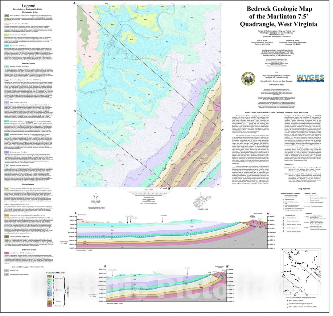 Map : Bedrock Geologic Map of the Marlinton 7.5' Quadrangle, West Virginia, 2014 Cartography Wall Art :