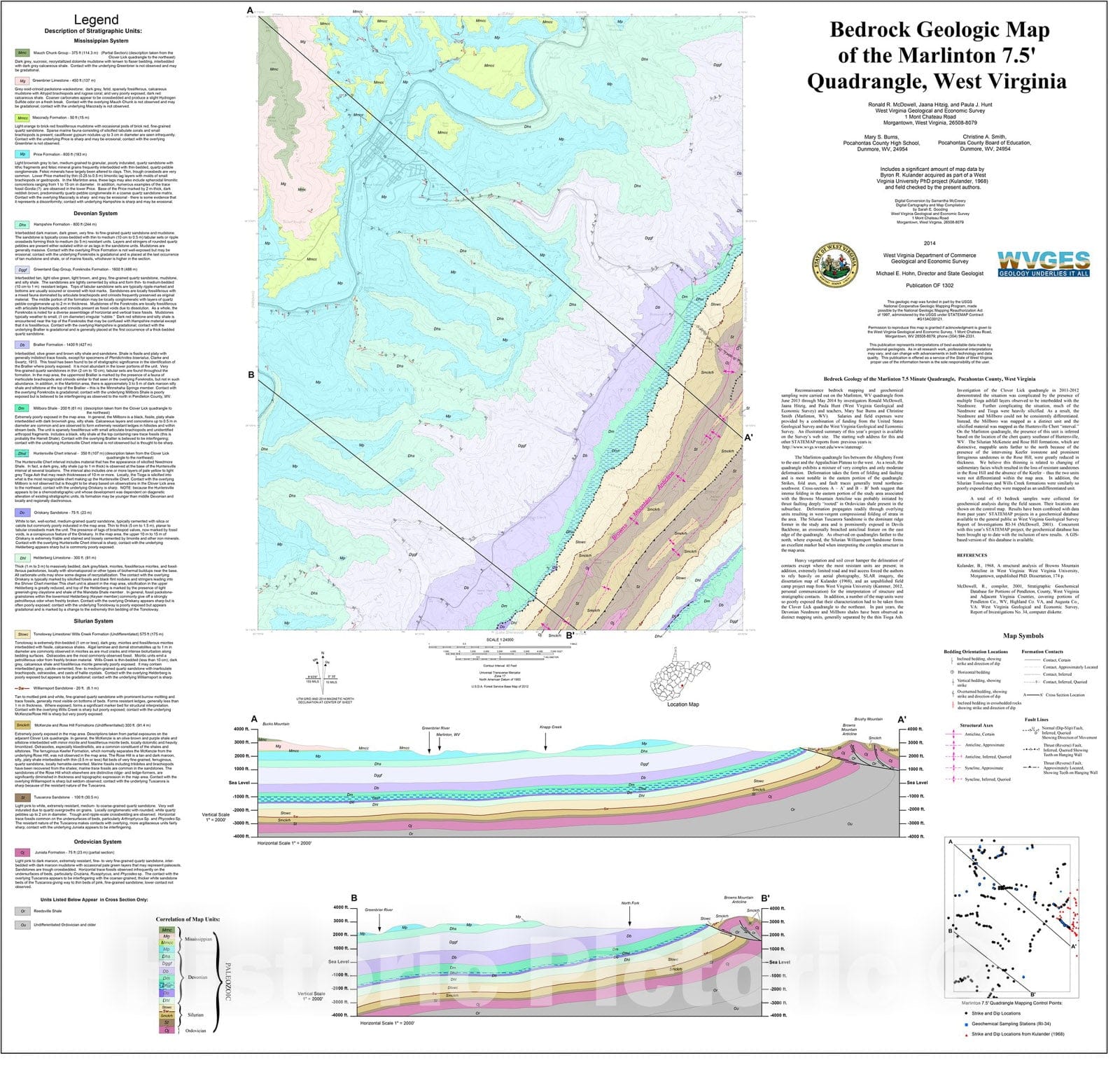 Map : Bedrock Geologic Map of the Marlinton 7.5' Quadrangle, West Virginia, 2014 Cartography Wall Art :