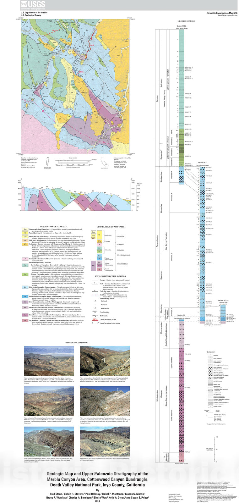 Map : Geologic map and Upper Paleozoic stratigraphy of the Marble Canyon area, Cottonwood Canyon quadrangle, Death Valley National Park, 2014 Cartography Wall Art :