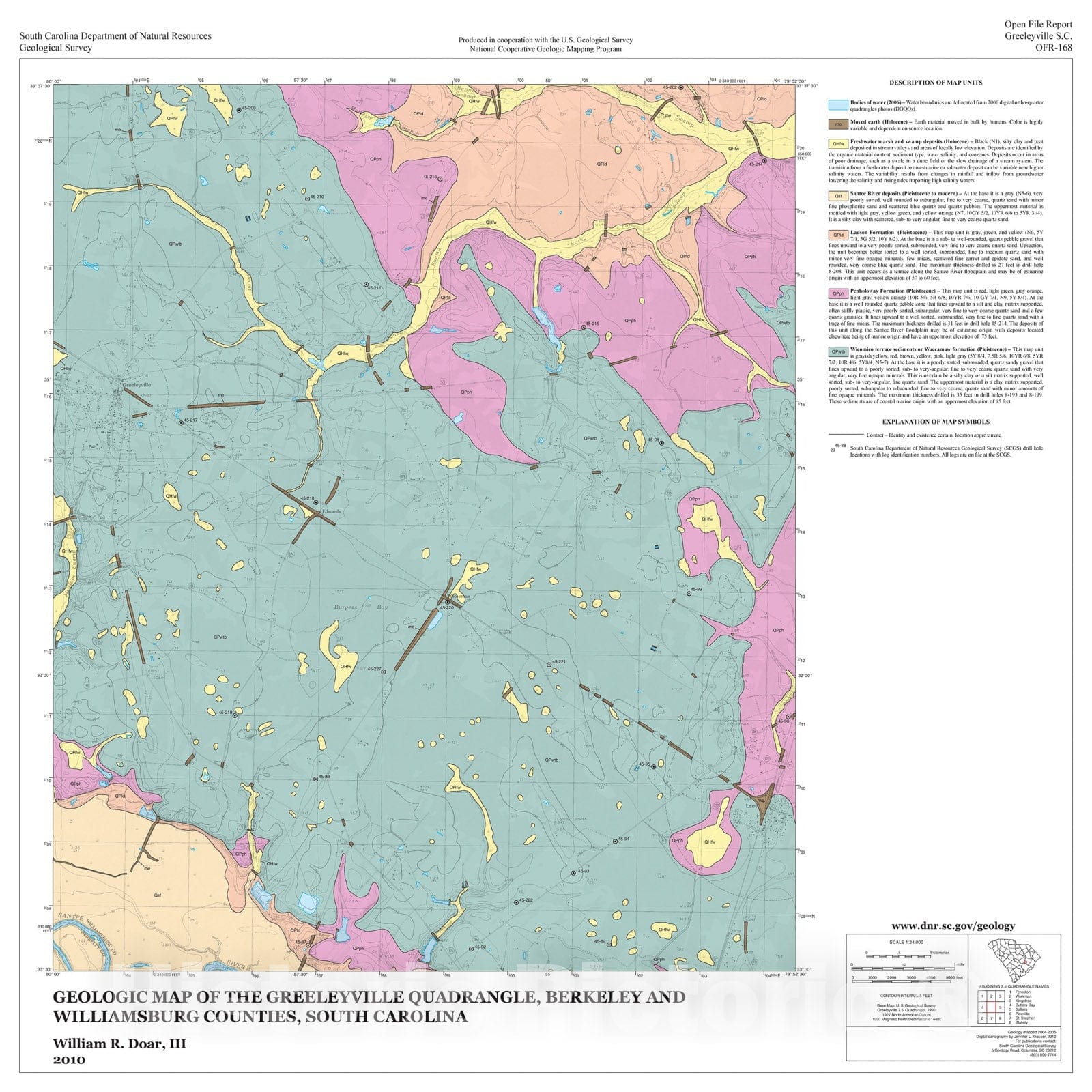 Map : Geologic Map of the Greeleyville Quadrangle, Berkeley and Williamsburg Counties, South Carolina, 2010 Cartography Wall Art :