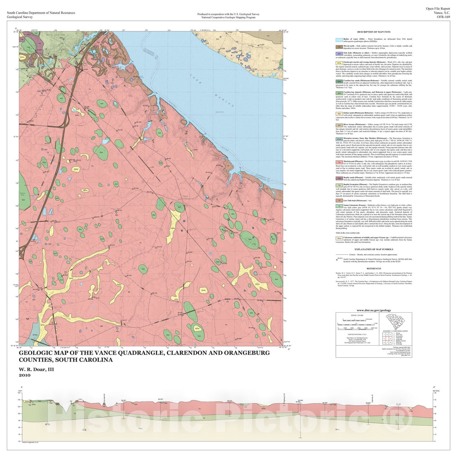 Map : Geologic Map of the Vance Quadrangle, Clarendon and Orangeburg Counties, South Carolina, 2010 Cartography Wall Art :