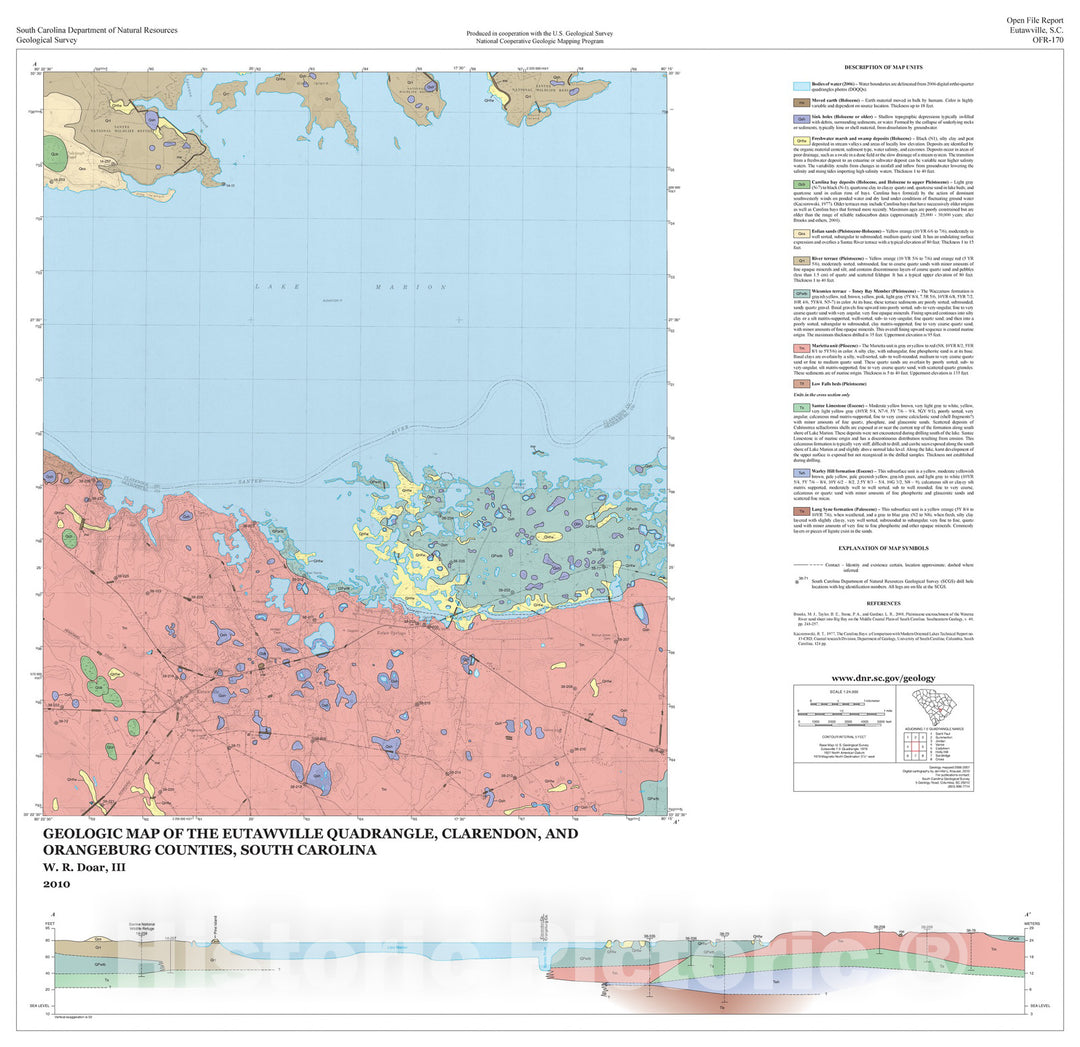 Map : Geologic Map of the Eutawville Quadrangle, Clarendon and Orangeburg Counties, South Carolina, 2010 Cartography Wall Art :