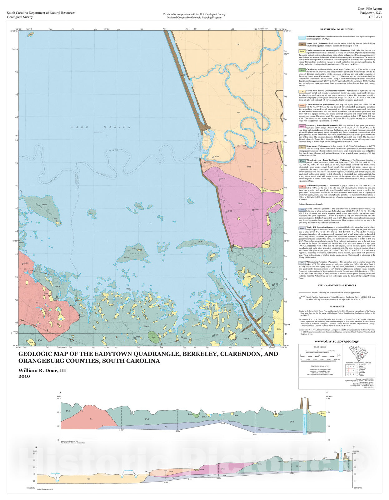 Map : Geologic Map of the Eadytown Quadrangle, Berkeley, Clarendon and Orangeburg Counties, South Carolina, 2010 Cartography Wall Art :