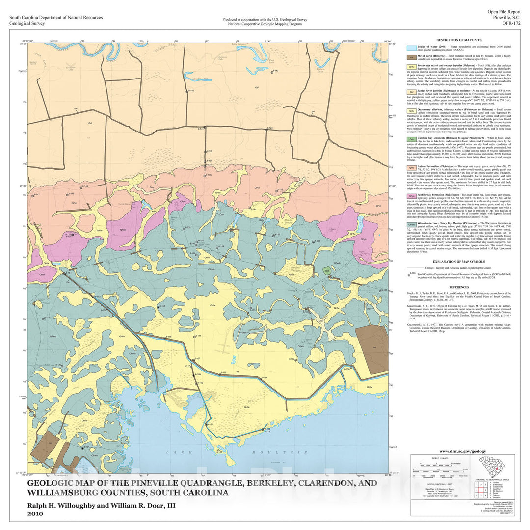 Map : Geologic Map of the Pineville Quadrangle, Berkeley, Clarendon, and Williamsburg Counties, South Carolina, 2010 Cartography Wall Art :