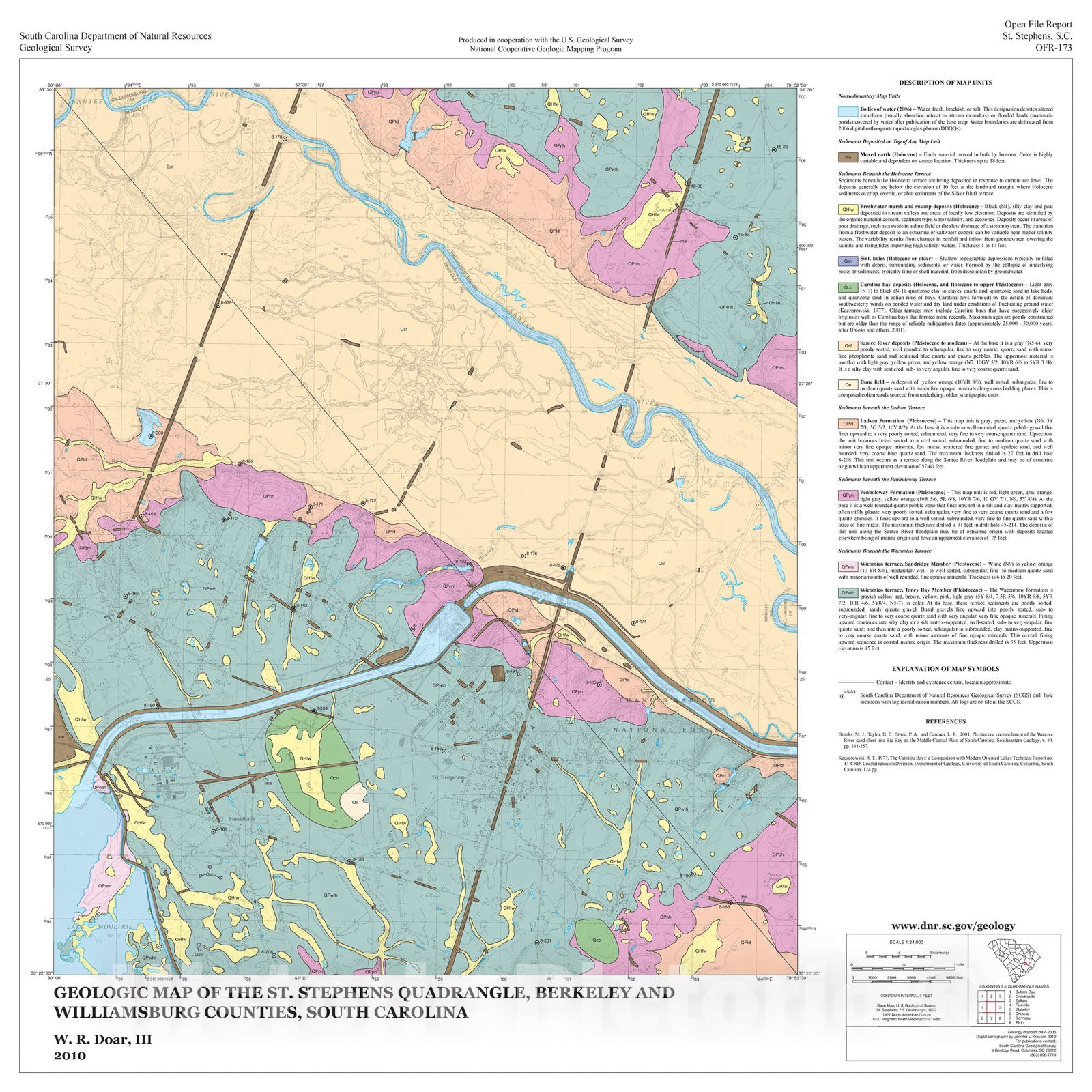 Map : Geologic Map of the St. Stephens Quadrangle, Berkeley and Williamsburg Counties, South Carolina, 2010 Cartography Wall Art :