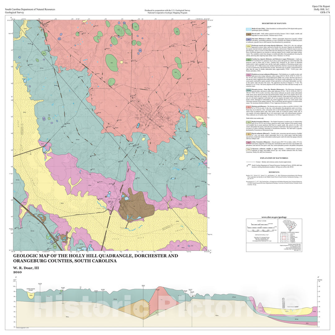 Map : Geologic Map of the Holly Hill Quadrangle, Dorchester and Orangeburg Counties, South Carolina, 2010 Cartography Wall Art :