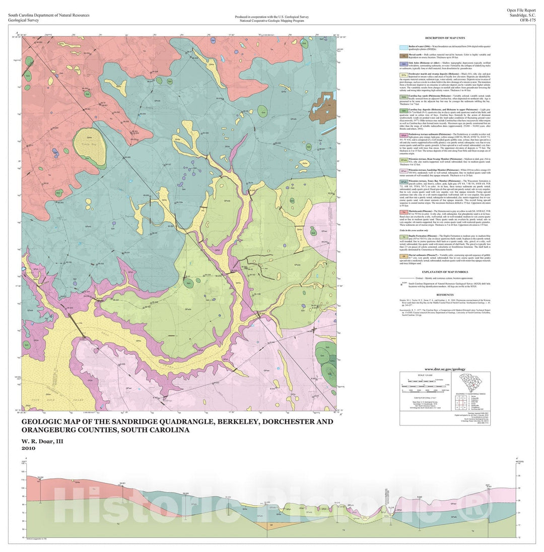 Map : Geologic Map of the Sandridge Quadrangle, Berkeley, Dorchester, and Orangeburg Counties, South Carolina, 2010 Cartography Wall Art :