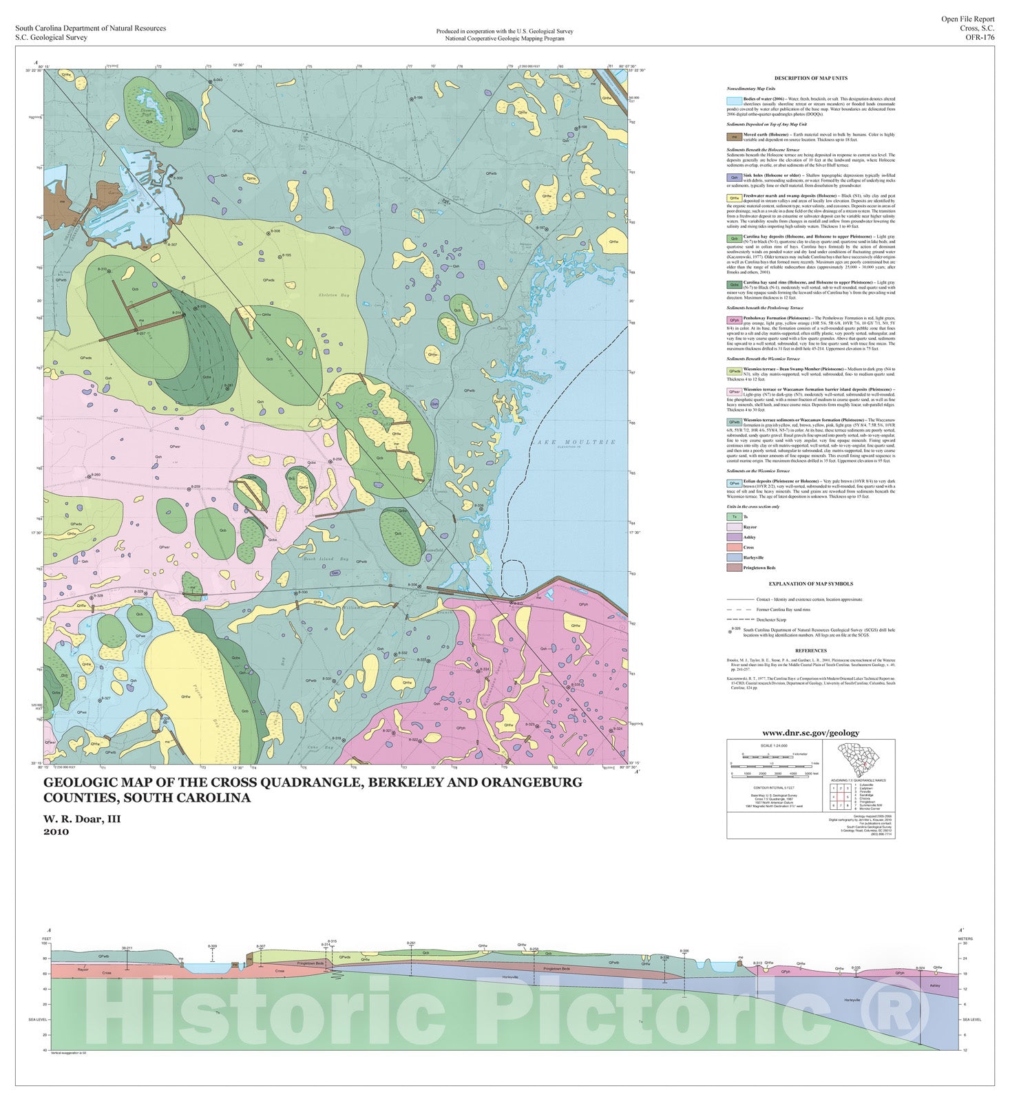 Map : Geologic Map of the Cross Quadrangle, Berkeley, and Orangeburg Counties, South Carolina, 2010 Cartography Wall Art :