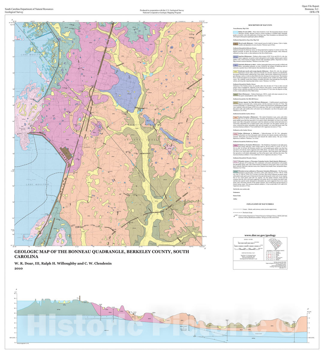 Map : Geologic Map of the Bonneau Quadrangle, Berkeley County, South Carolina, 2010 Cartography Wall Art :