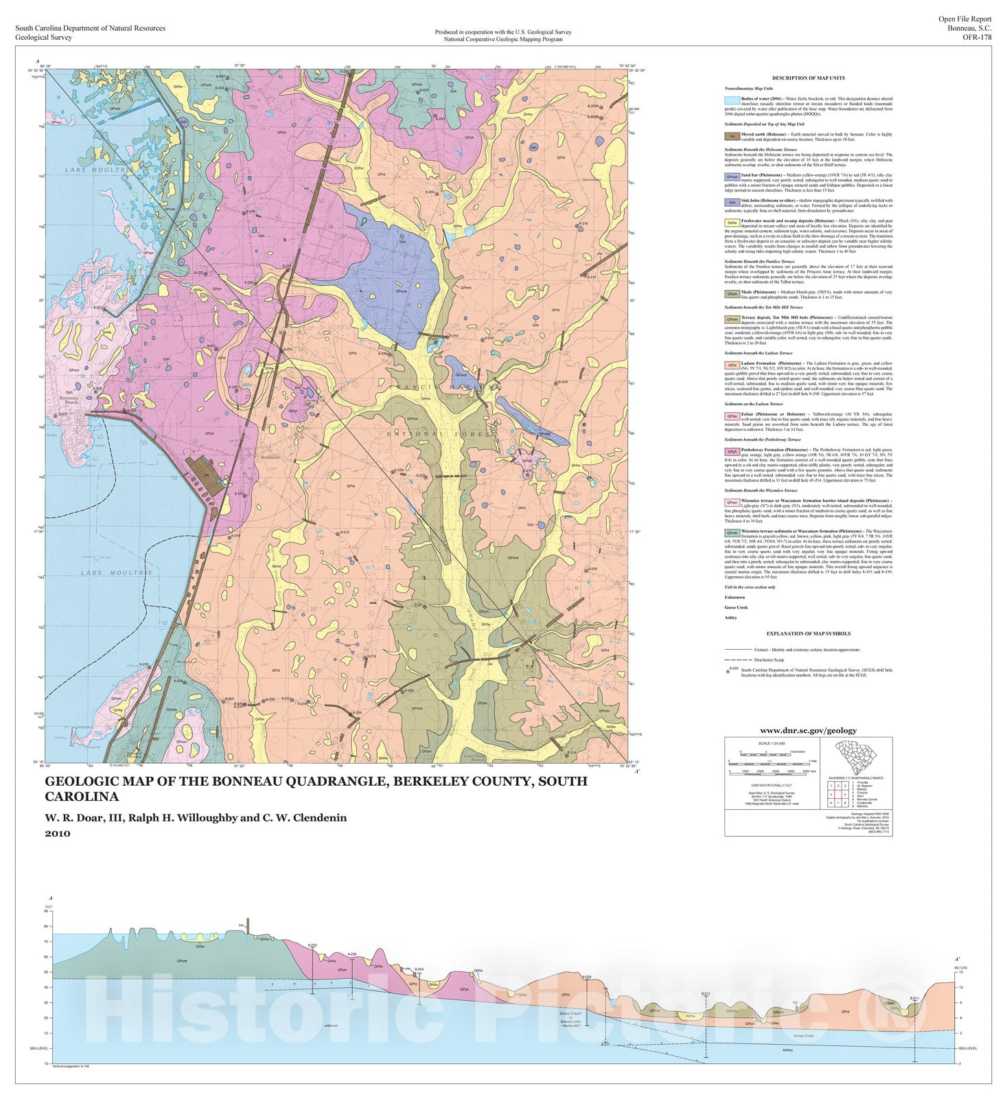 Map : Geologic Map of the Bonneau Quadrangle, Berkeley County, South Carolina, 2010 Cartography Wall Art :