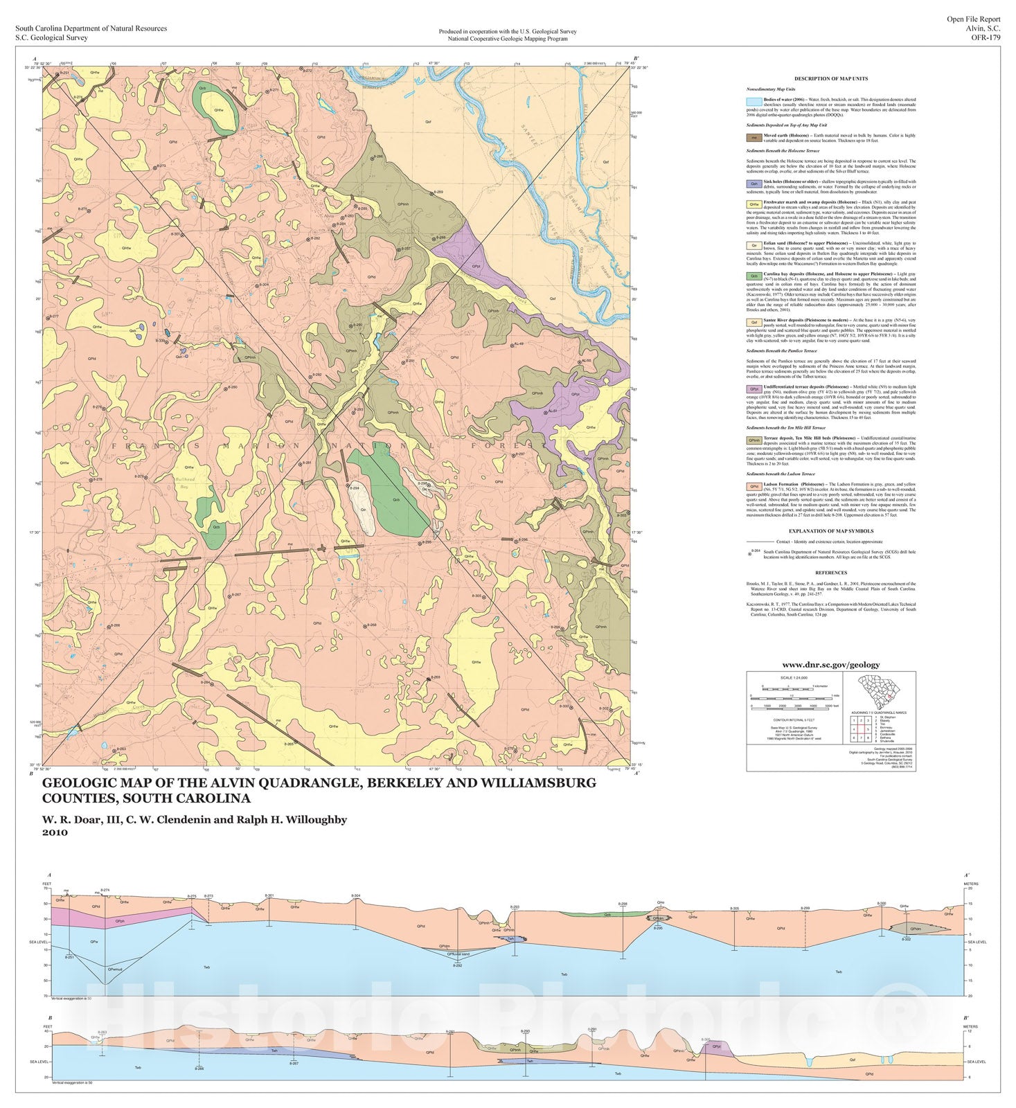 Map : Geologic Map of the Alvin Quadrangle, Berkeley and Willamsburg Counties, South Carolina, 2010 Cartography Wall Art :