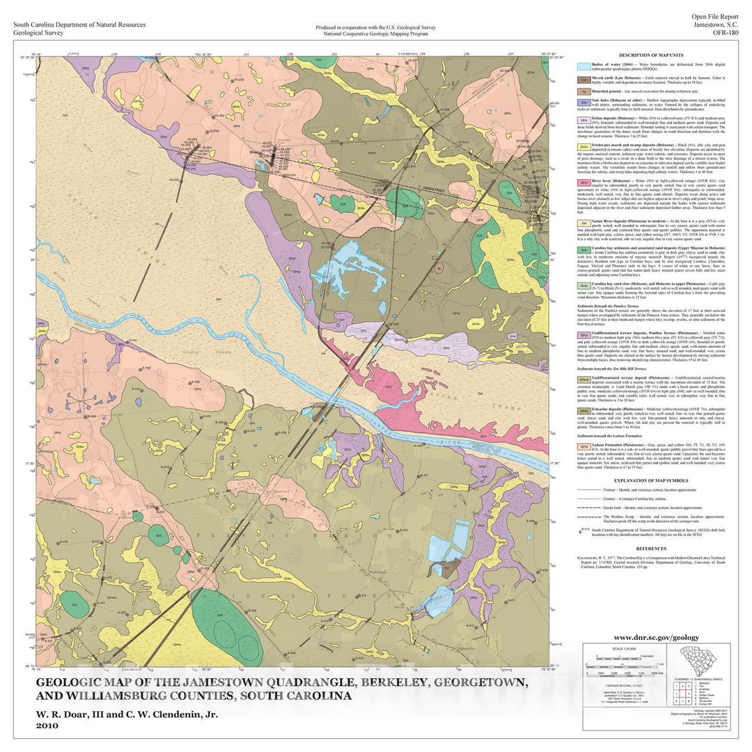 Map : Geologic Map of the Jamestown Quadrangle, Berkeley, Georgetown, and Williamsburg Counties, South Carolina, 2010 Cartography Wall Art :