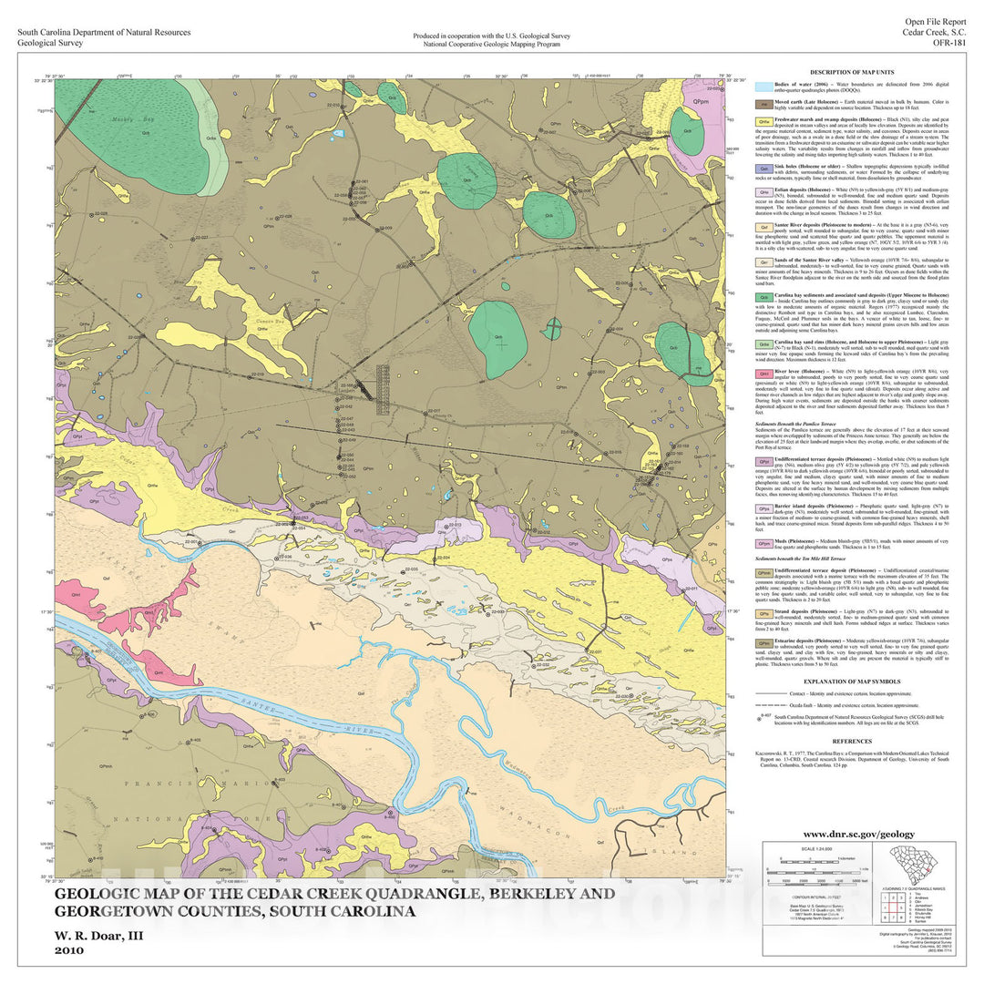 Map : Geologic Map of the Cedar Creek Quadrangle, Berkeley and Georgetown Counties, South Carolina, 2010 Cartography Wall Art :