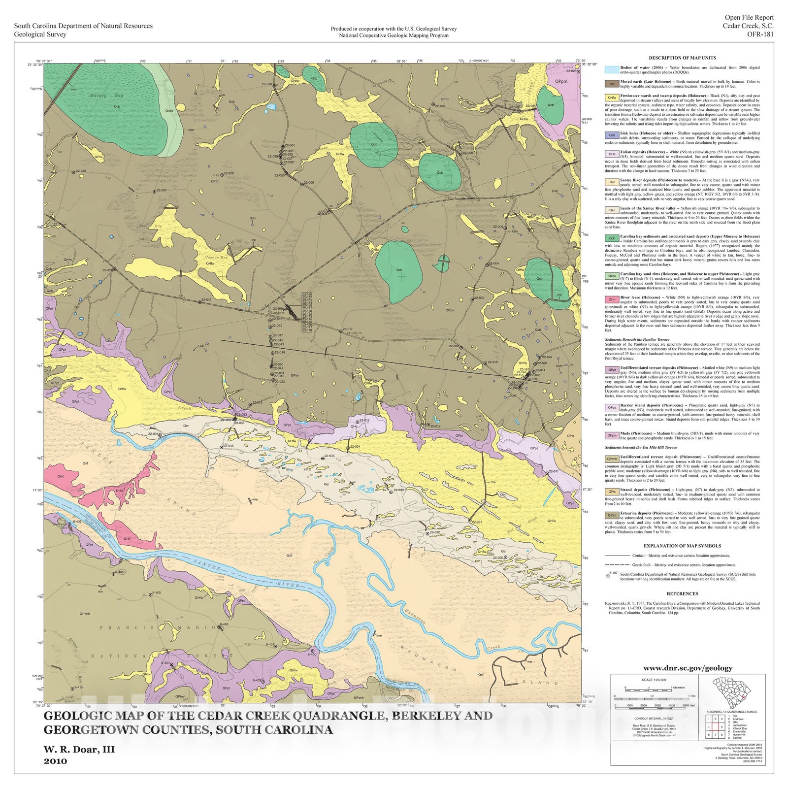 Map : Geologic Map of the Cedar Creek Quadrangle, Berkeley and Georgetown Counties, South Carolina, 2010 Cartography Wall Art :