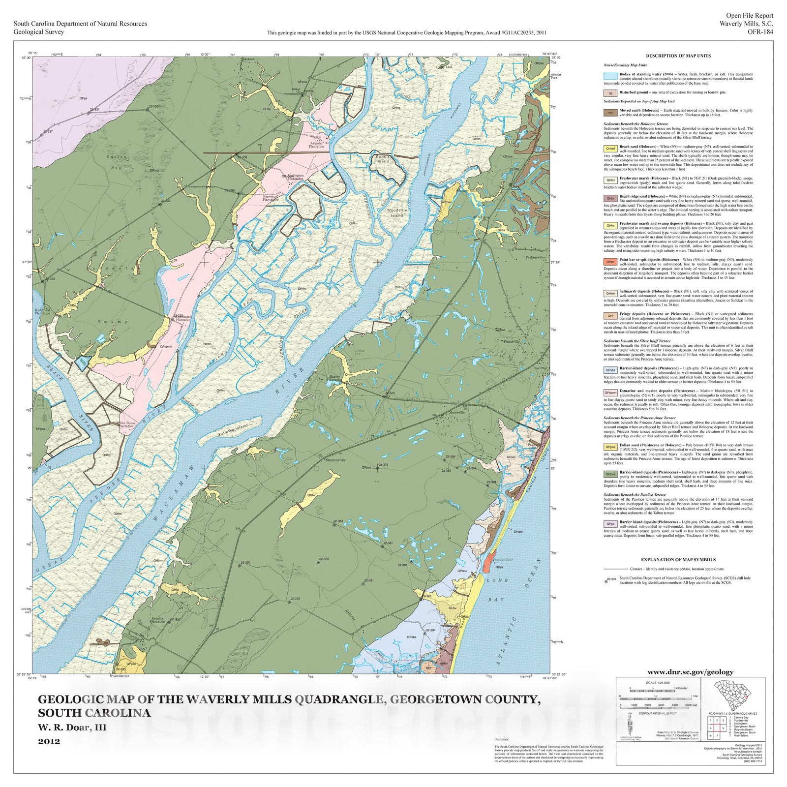 Map : Geologic Map of the Waverly Mills Quadrangle, Georgetown County, South Carolina, 2012 Cartography Wall Art :