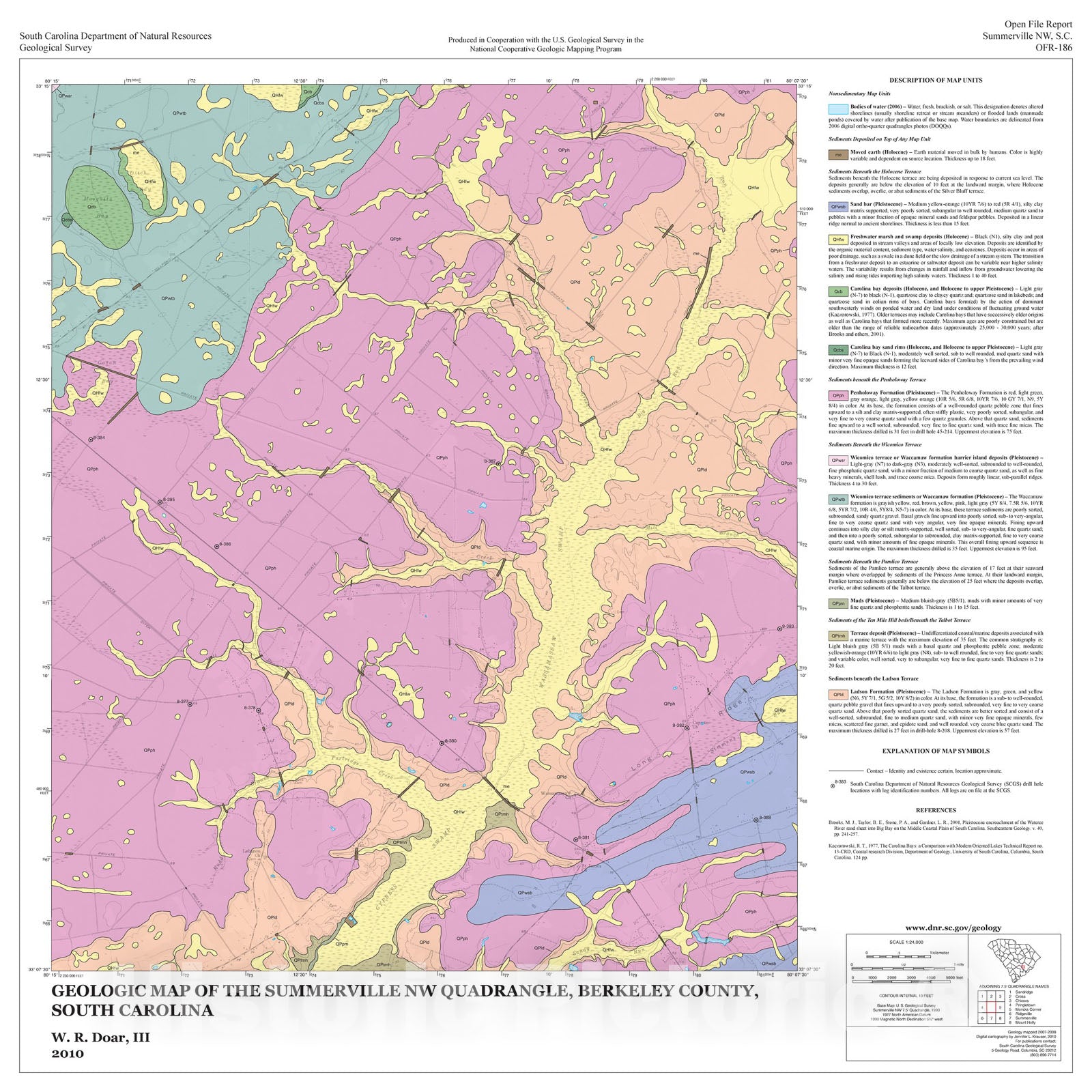 Map : Geologic Map of the Summerville NW Quadrangle, Berkeley County, South Carolina, 2010 Cartography Wall Art :