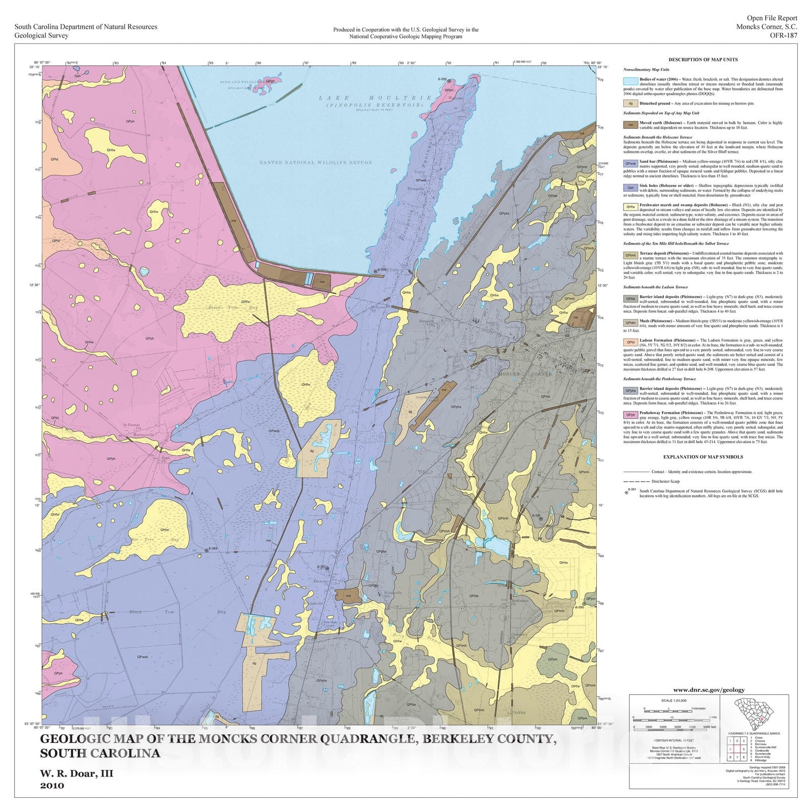 Map : Geologic Map of the Moncks Corner Quadrangle, Berkeley County, South Carolina, 2010 Cartography Wall Art :