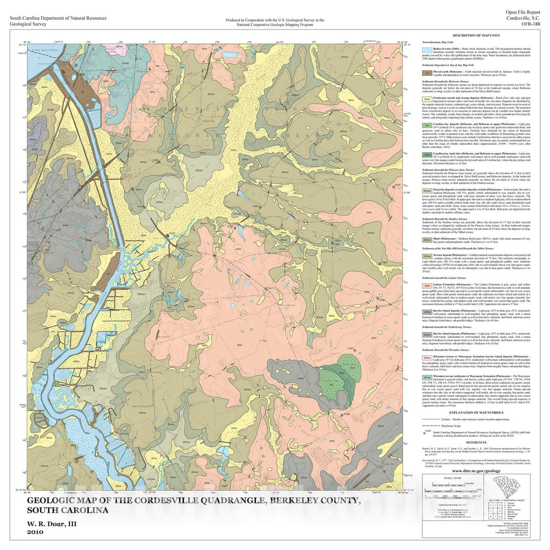 Map : Geologic Map of the Cordesville Quadrangle, Berkeley County, South Carolina, 2010 Cartography Wall Art :