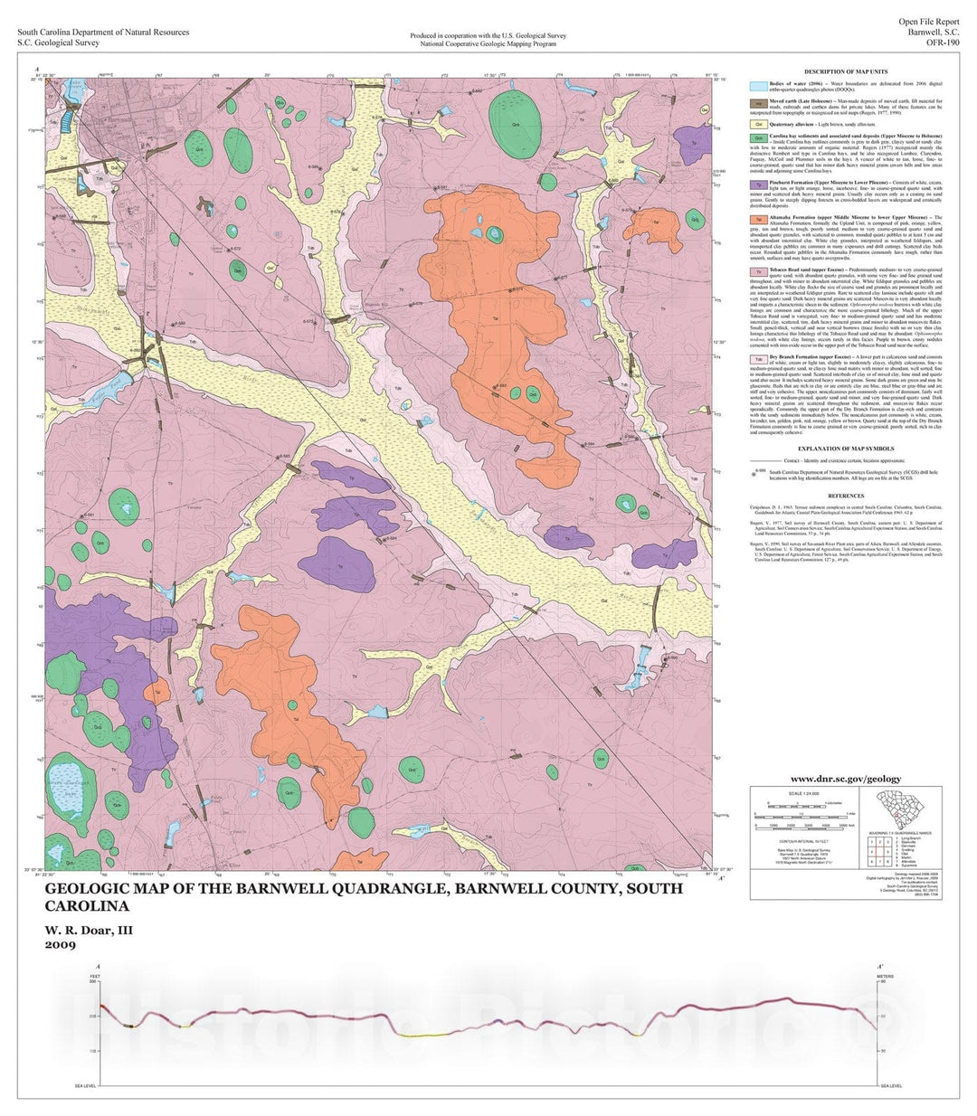 Map : Geologic Map of the Barnwell Quadrangle, Barnwell County, South Carolina, 2009 Cartography Wall Art :